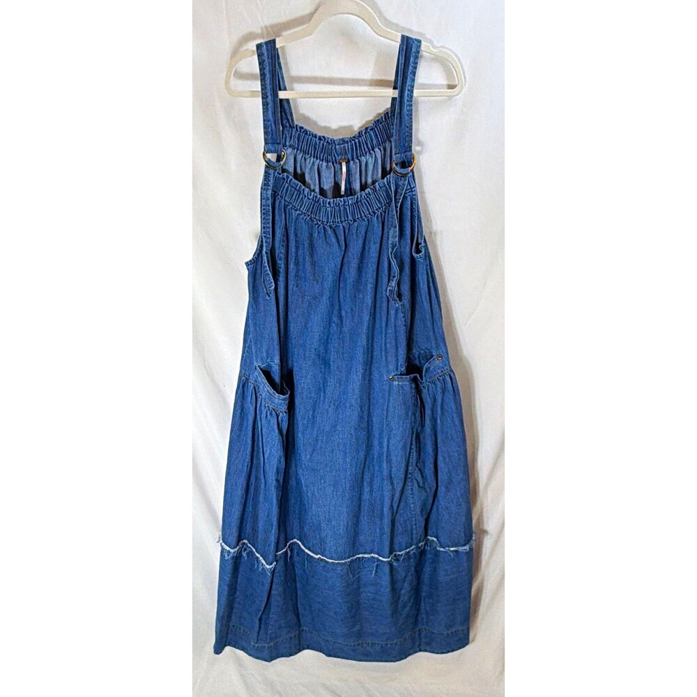 Free People Blue Denim Cotton Overall Midi Dress Square Neck Pockets XL